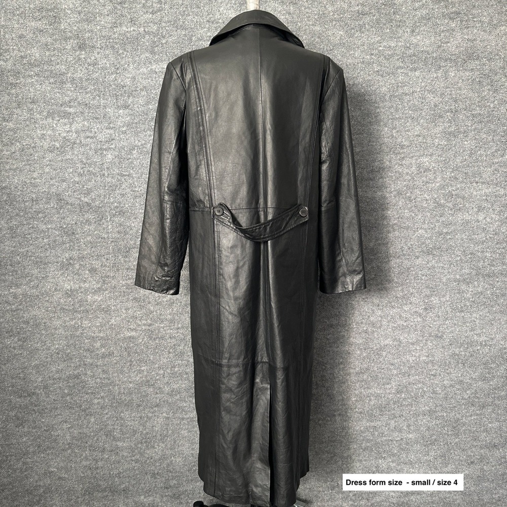 Vintage Omint Trench Coat Womens L Black Leather Long Classic Gothic Jacket - Picture 5 of 16
